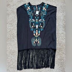 Free People Black Tunic with Colorful Embroidery and Fringe